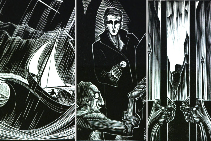 Three black and white woodcuts side by side depicting images from the novel God's Man