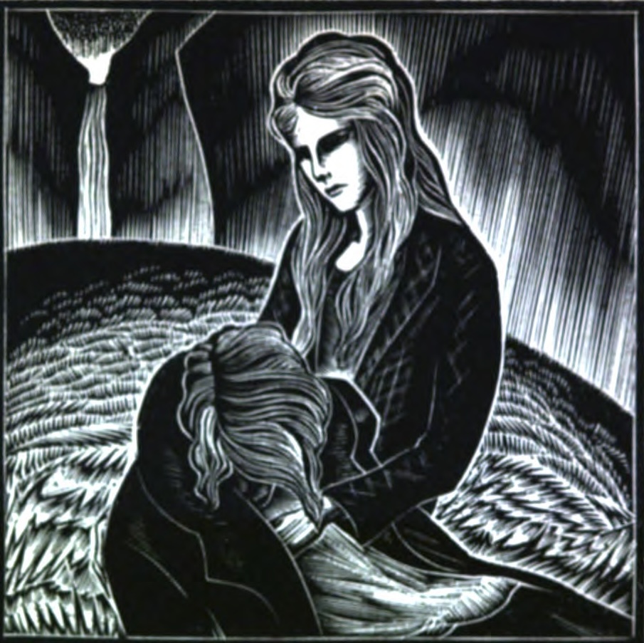 Black and white woodcut image of a woman with long hair holding a man in her lap.