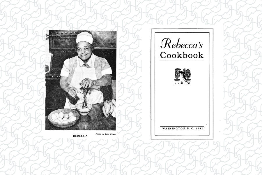 Two side by side pictures. On the left, a Black woman in a cook uniformstands smiling with mixxing bowls. On the right, a title page from Rebecca's Cookbook